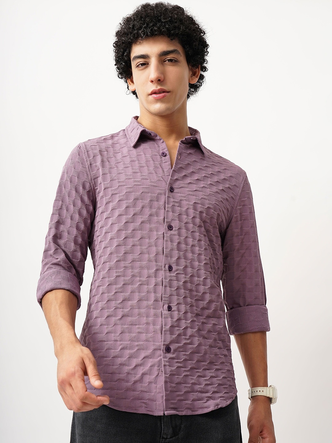 

British Club Men Comfort Spread Collar Checked Slim Fit Casual Shirt, Peach