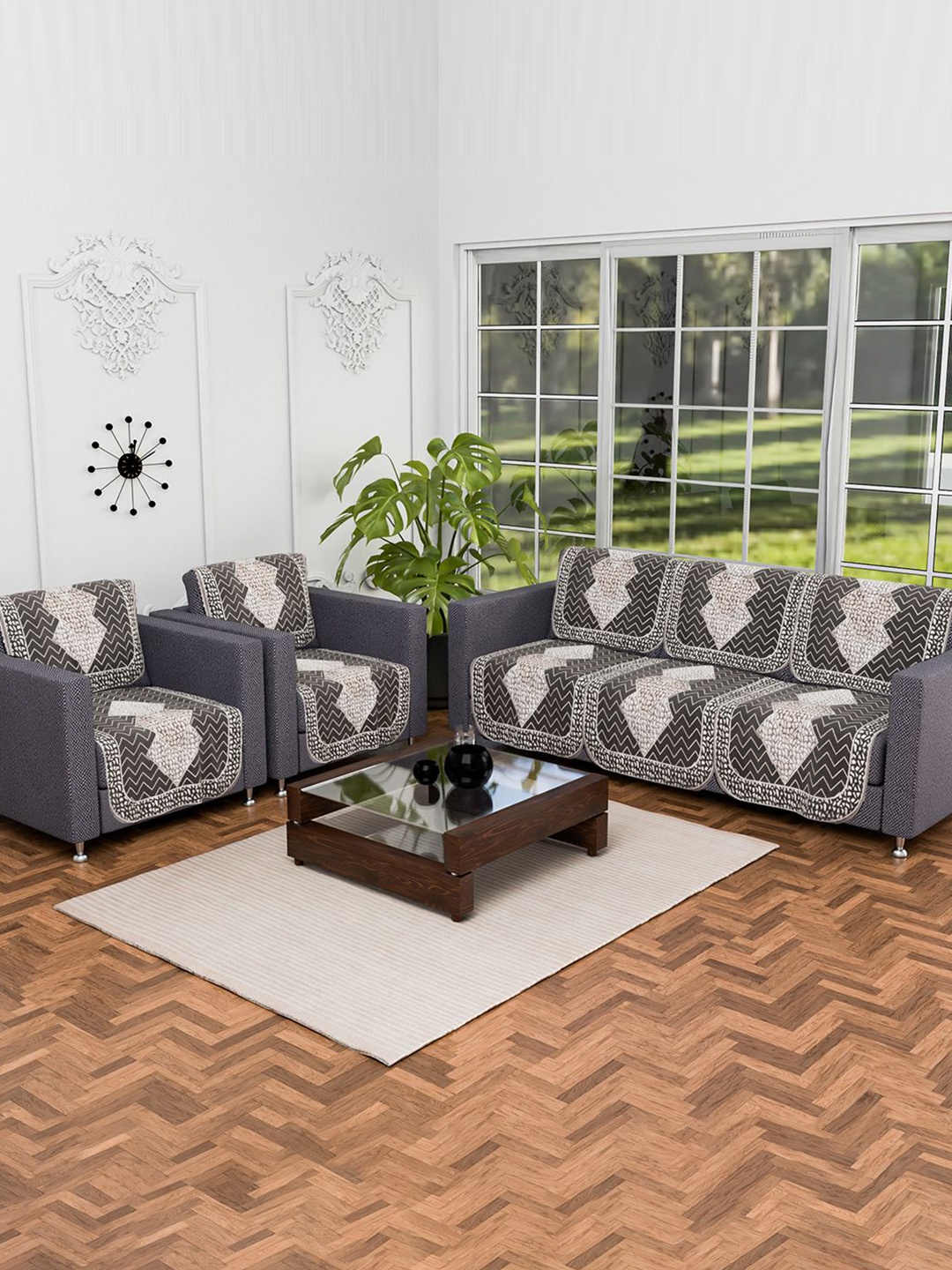 

Kuber Industries Grey & Brown 10 Pieces Printed 5-Seater Sofa Covers