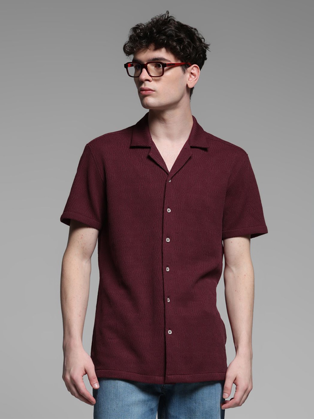 

Jack & Jones Men Cuban Collar Textured Relaxed Fit Casual Shirt, Maroon