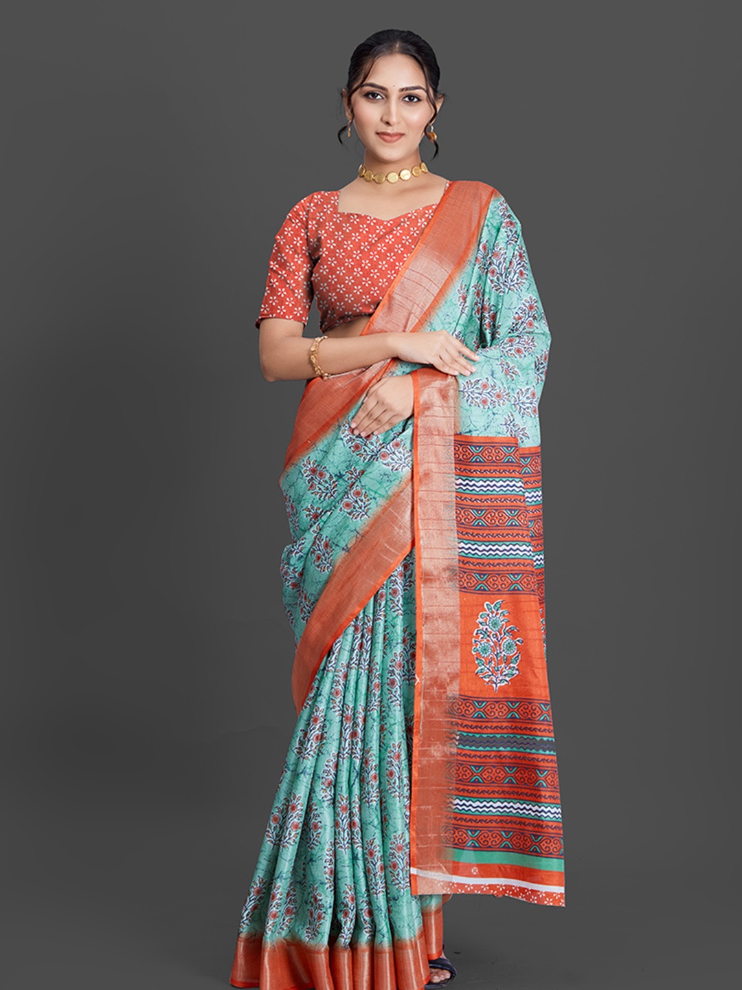 

NIRMAL CREATION Floral Printed Saree, Turquoise blue