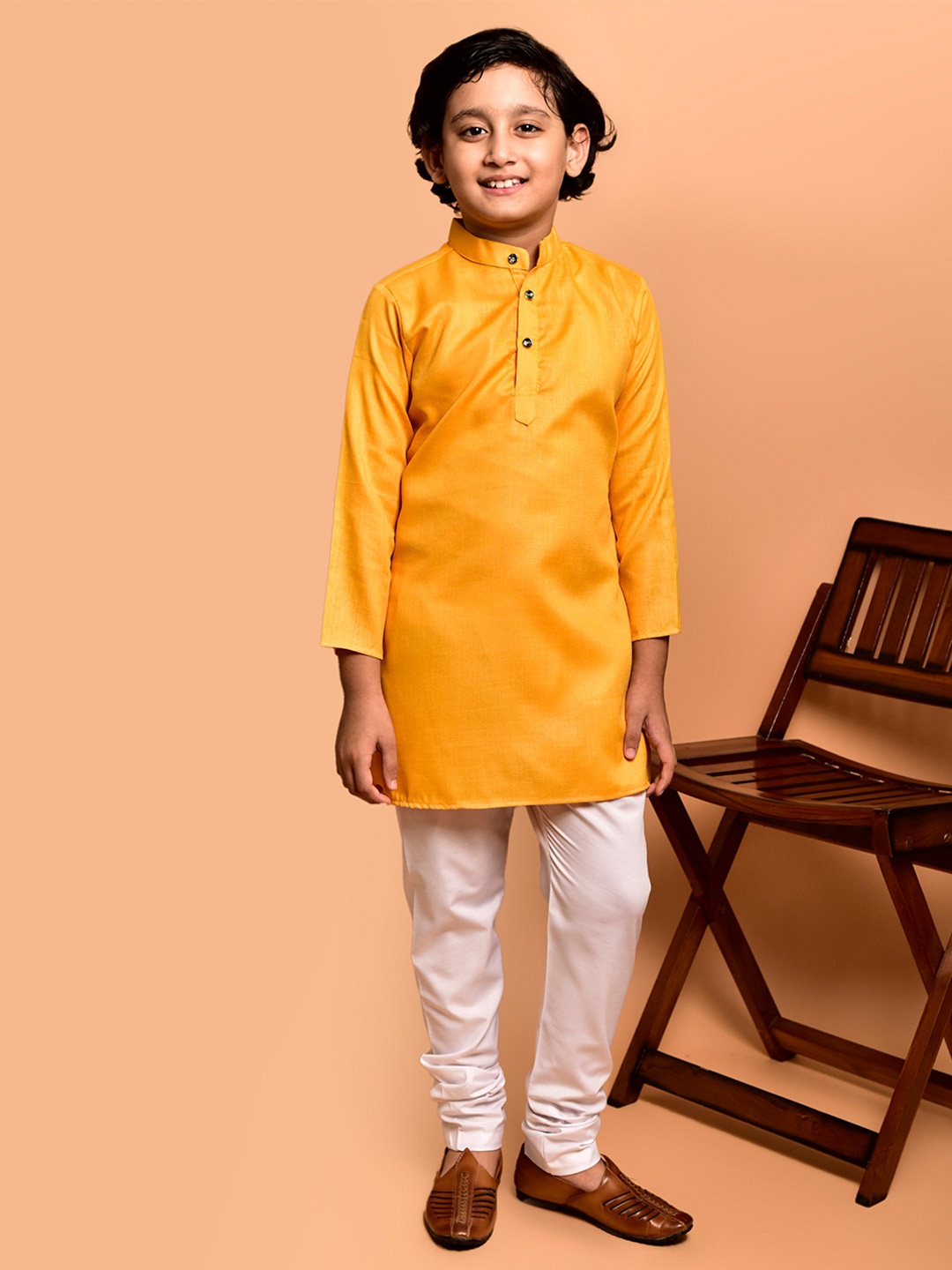 

PRINTCULTR Boys Mandarin Collar Straight Kurta with Pyjamas, Yellow