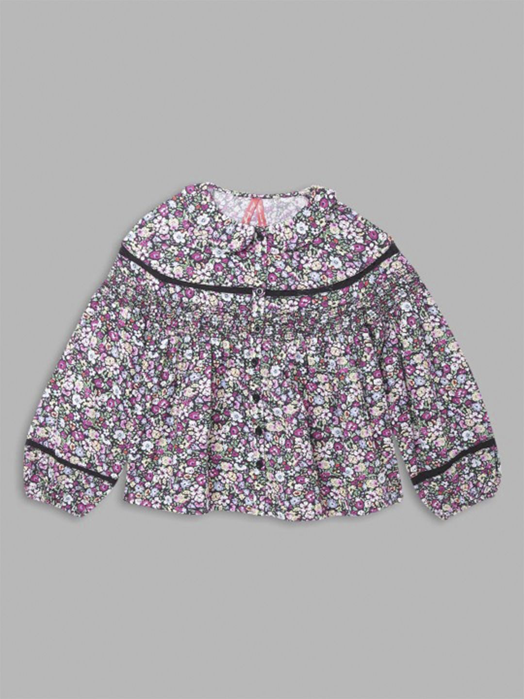 

Blue Giraffe Girls Floral Printed Peter Pan Collar Cotton Top, Black