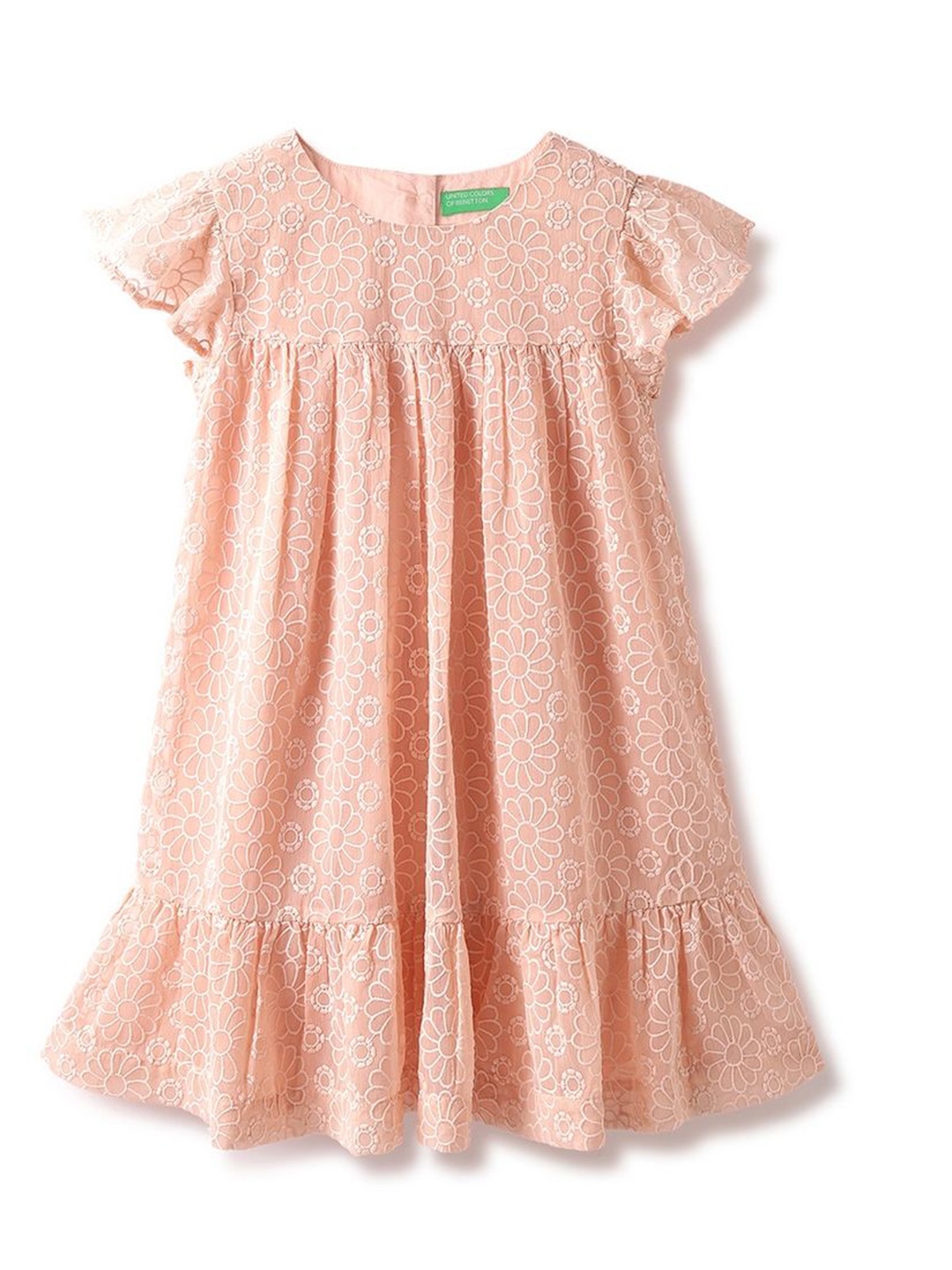 

United Colors of Benetton Girls Cap Sleeves Floral Self Design A-Line Dress, Pink