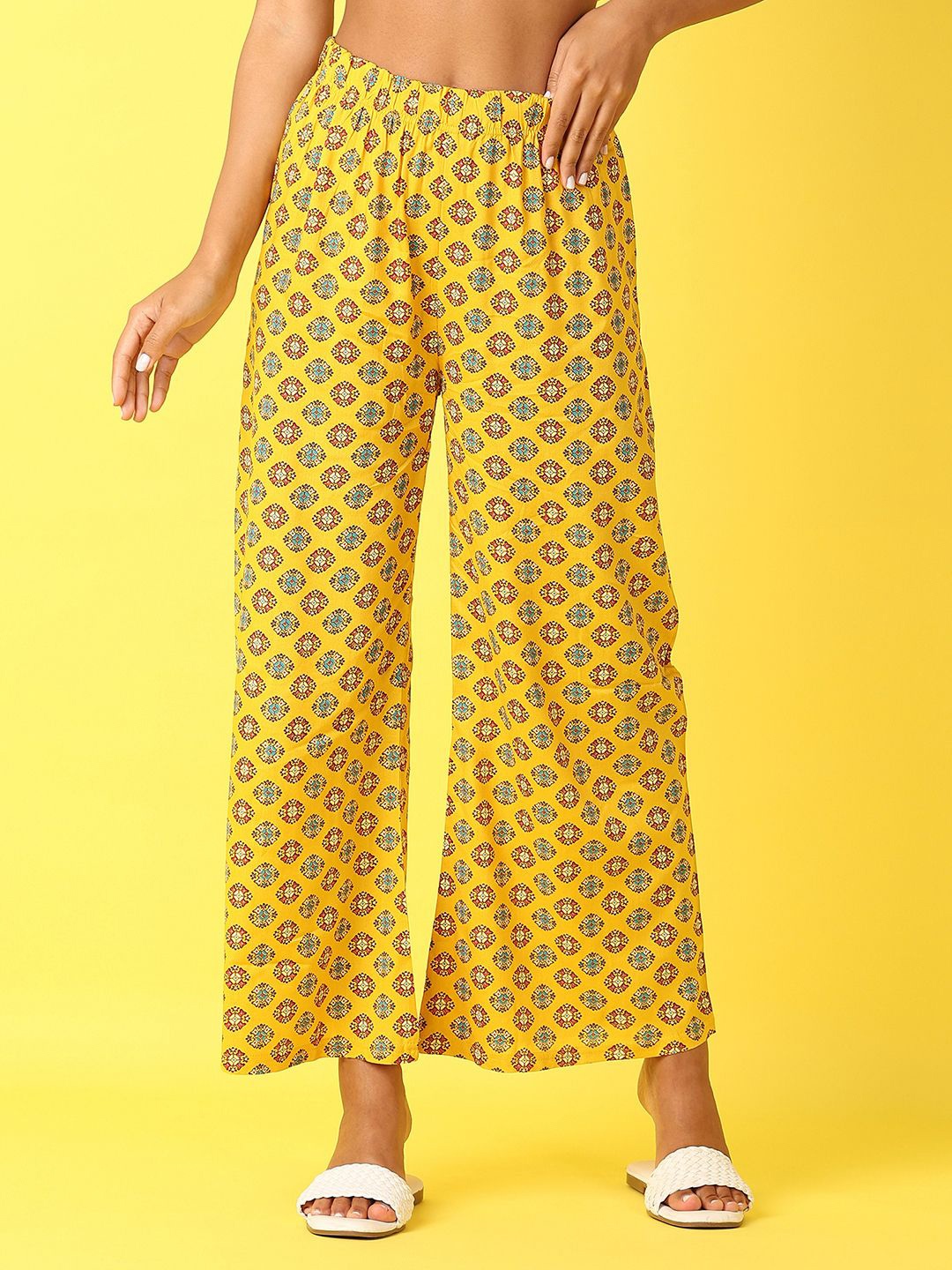 

V-Mart Women Slip-On Printed Knitted Ethnic Palazzos, Yellow
