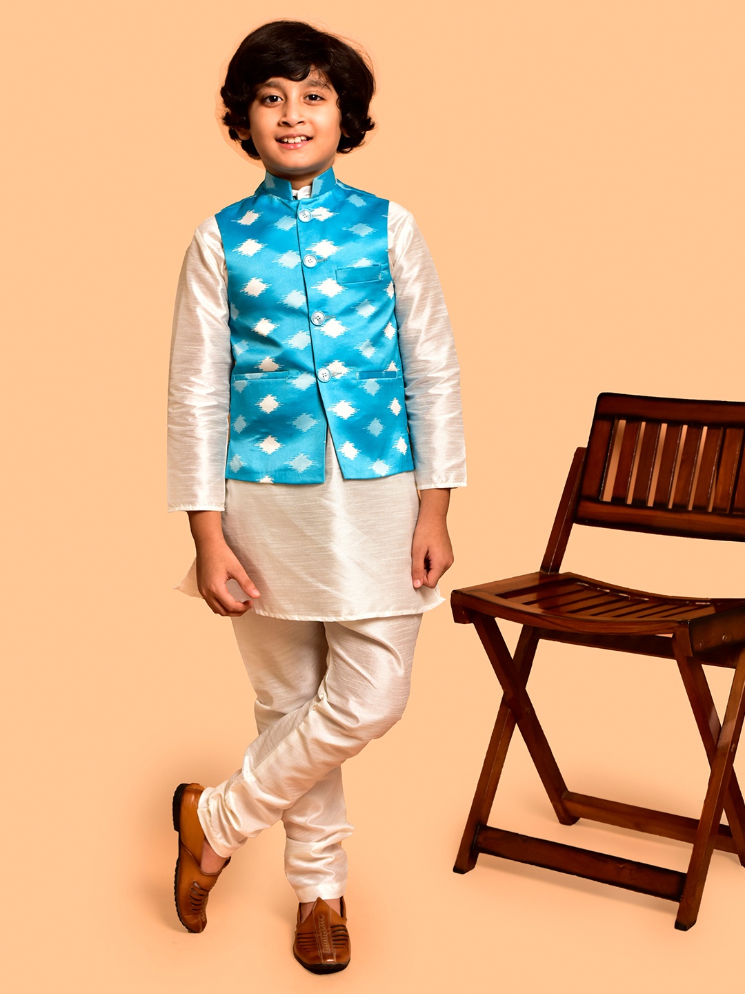 

PRINTCULTR Boys Mandarin Collar Straight Kurta with Pyjamas, White