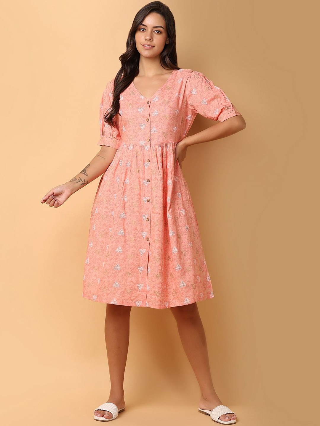

V-Mart Women Printed Puff Sleeves A-Line Ethnic Dresses, Pink