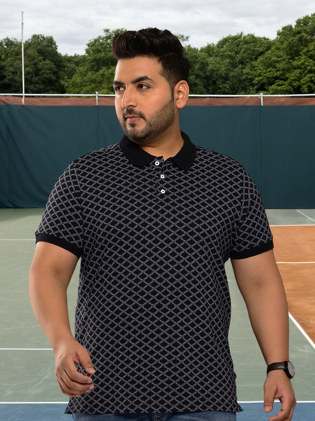 

Sztori Plus Size Printed Polo Collar Pure Cotton T-shirt, Black
