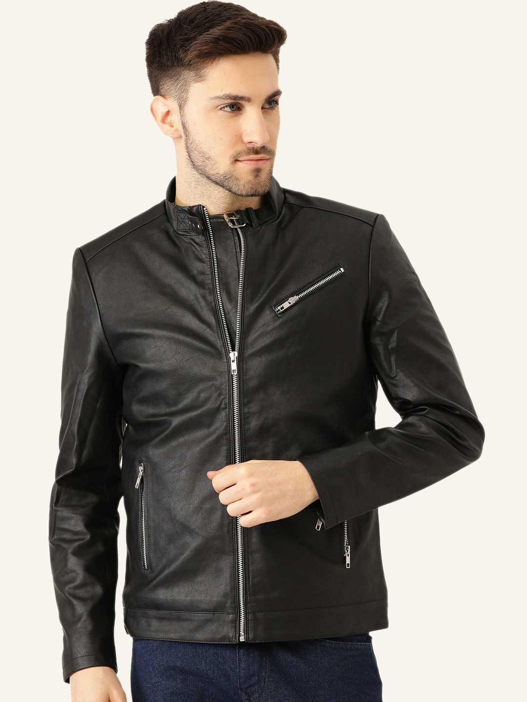 

Leather Retail Men Mandarin Collar Solid PU Casual Biker Jacket, Black