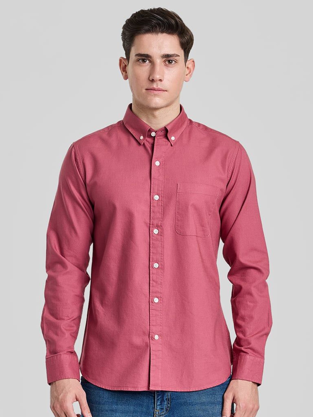 

Snitch Men Smart Button-Down Collar Solid Cotton Slim Fit Casual Shirt, Pink