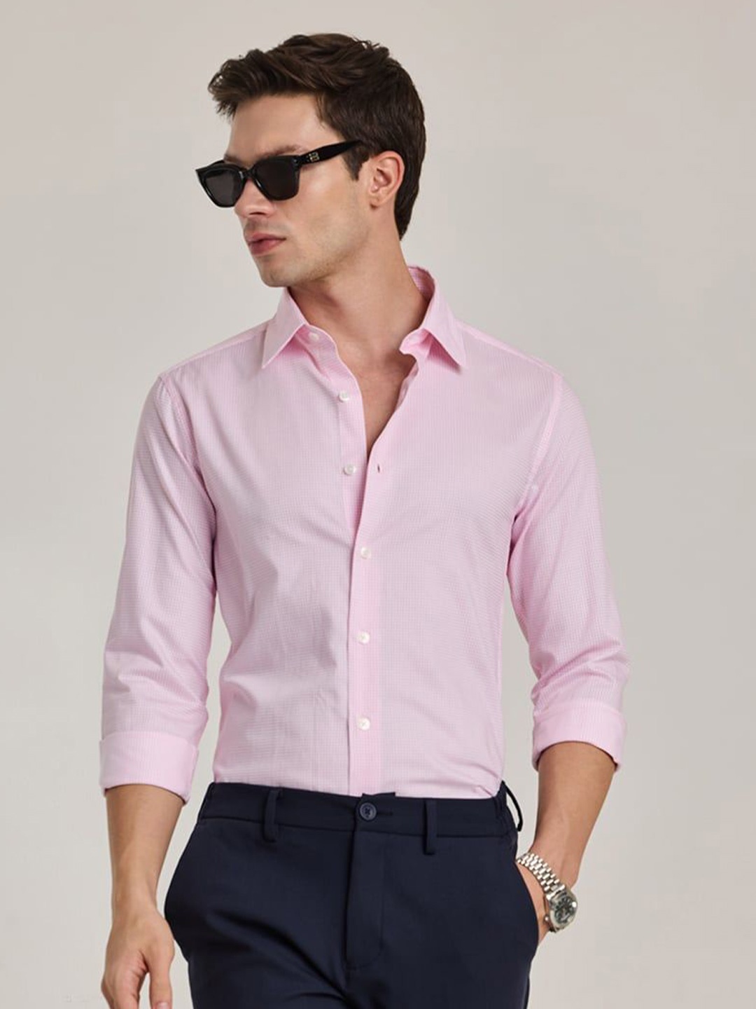 

Snitch Men Smart Spread Collar Micro Checked Cotton Casual Shirt, Pink