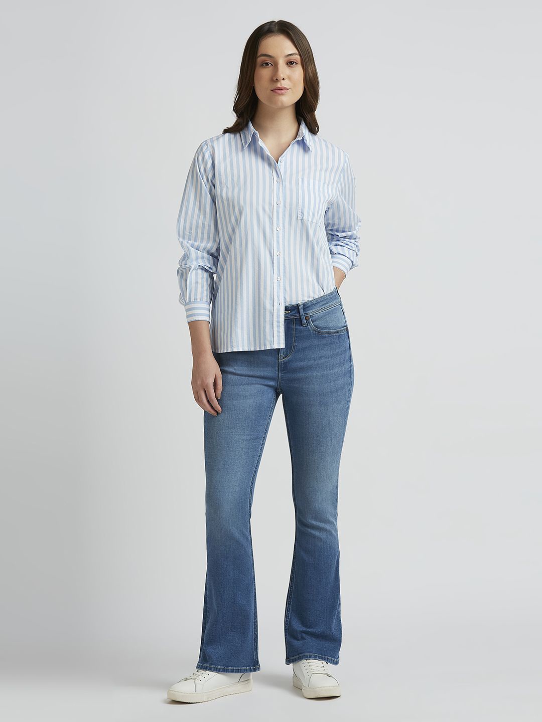 

Pepe Jeans Women Spread Collar Vertical Striped Cotton Casual Shirt, Blue