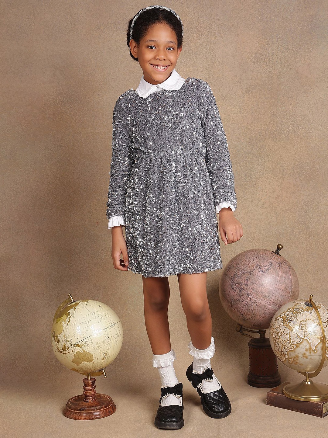 

One Friday Girls Sequin Embellished A-Line Dress, Grey