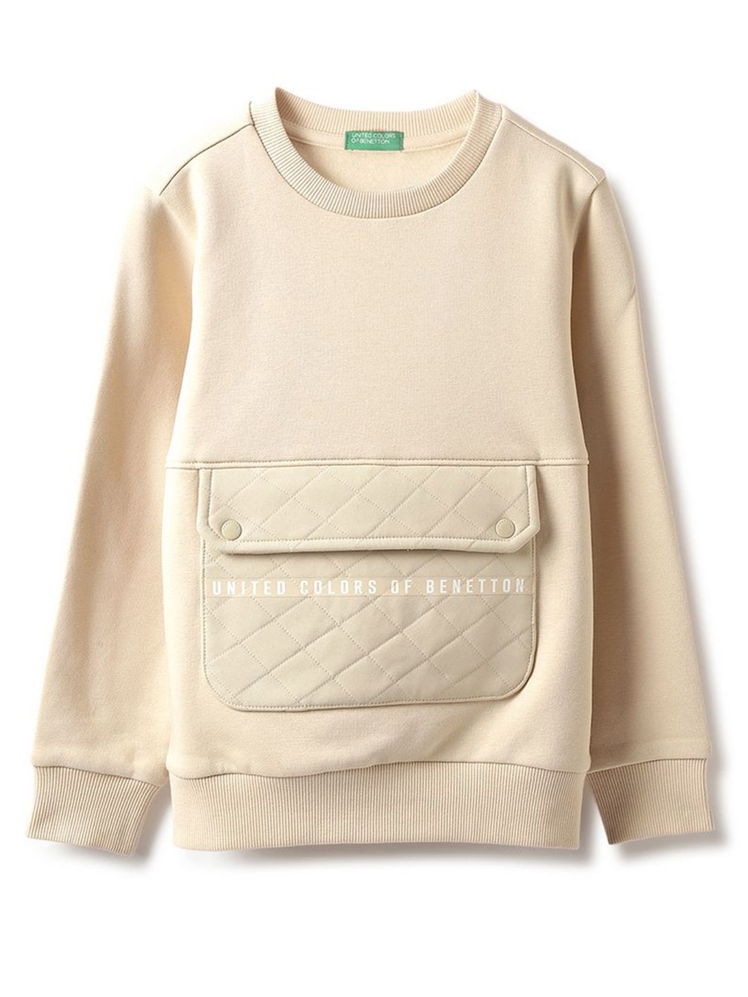 

United Colors of Benetton Boys Solid Round Neck Cotton Pullover Ribbed Sweatshirt, Beige
