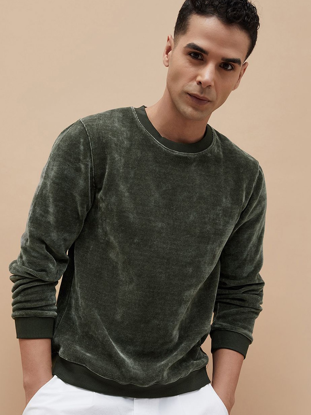 

CODE by Lifestyle Men Solid Round Neck Nylon Pullover Ribbed Sweatshirt, Olive