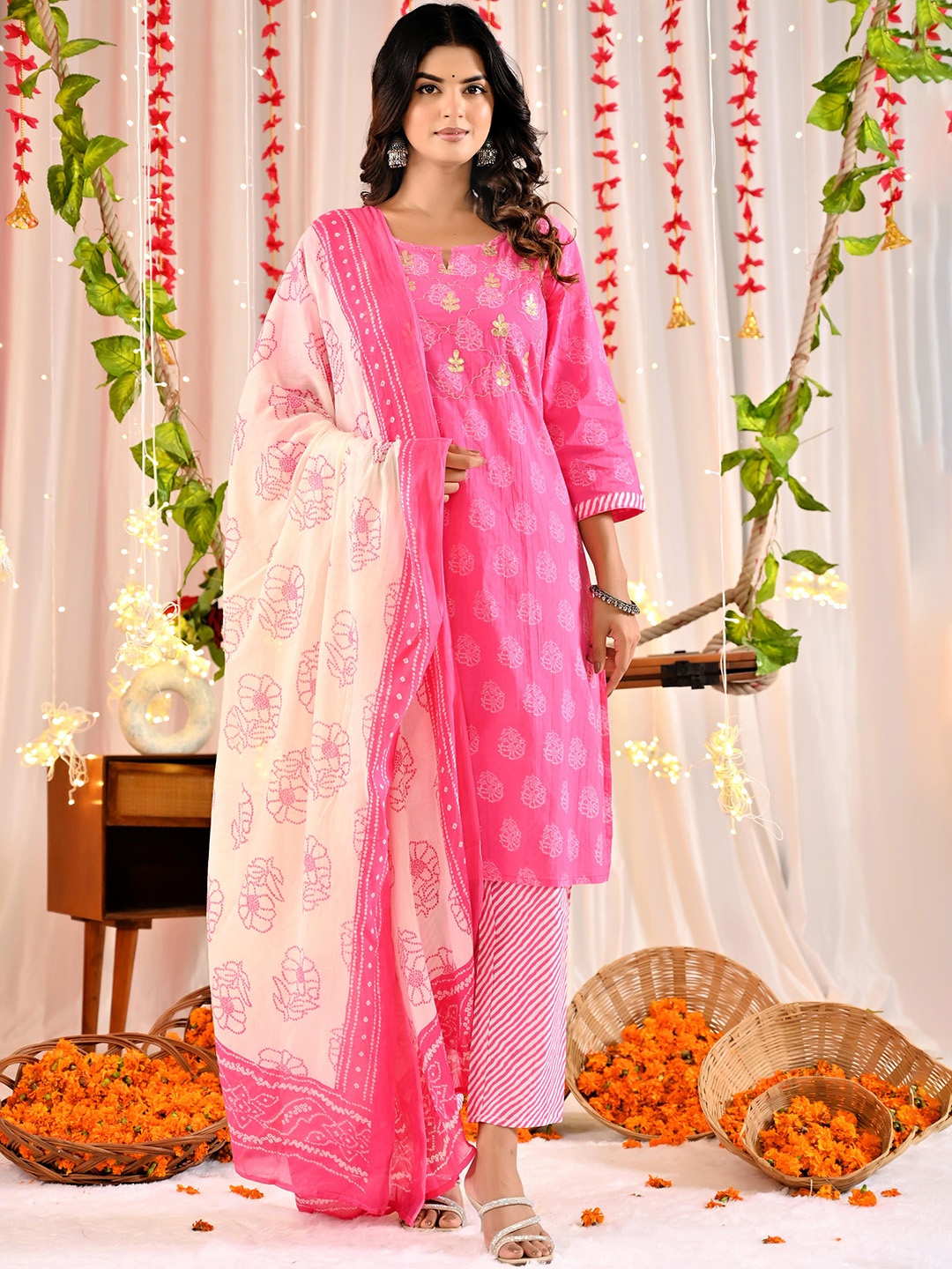 

Moktika Bandhani Printed Gotta Patti Straight Kurta With Trouser & Dupatta, Pink