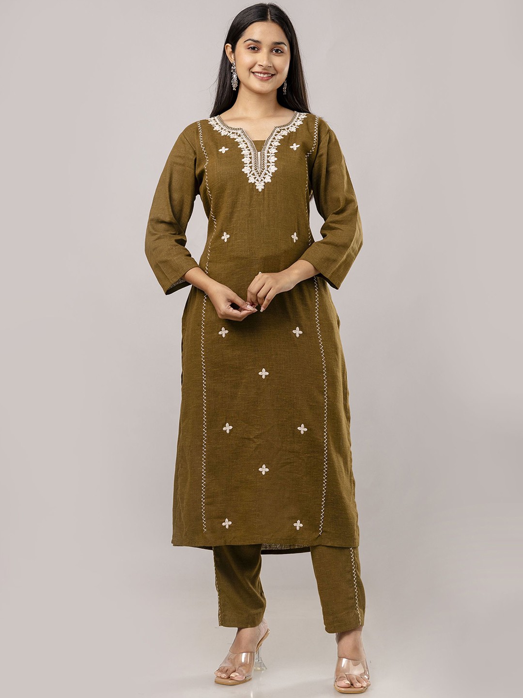 

Aawari Floral Embroidered Regular Pure Cotton Straight Kurta with Trousers, Brown