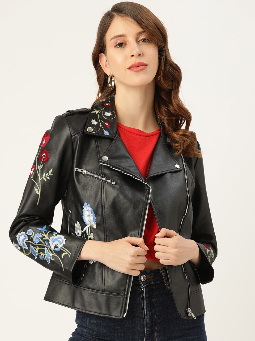 

Leather Retail Women Lapel Collar Floral Printed PU Casual Biker Jacket, Black