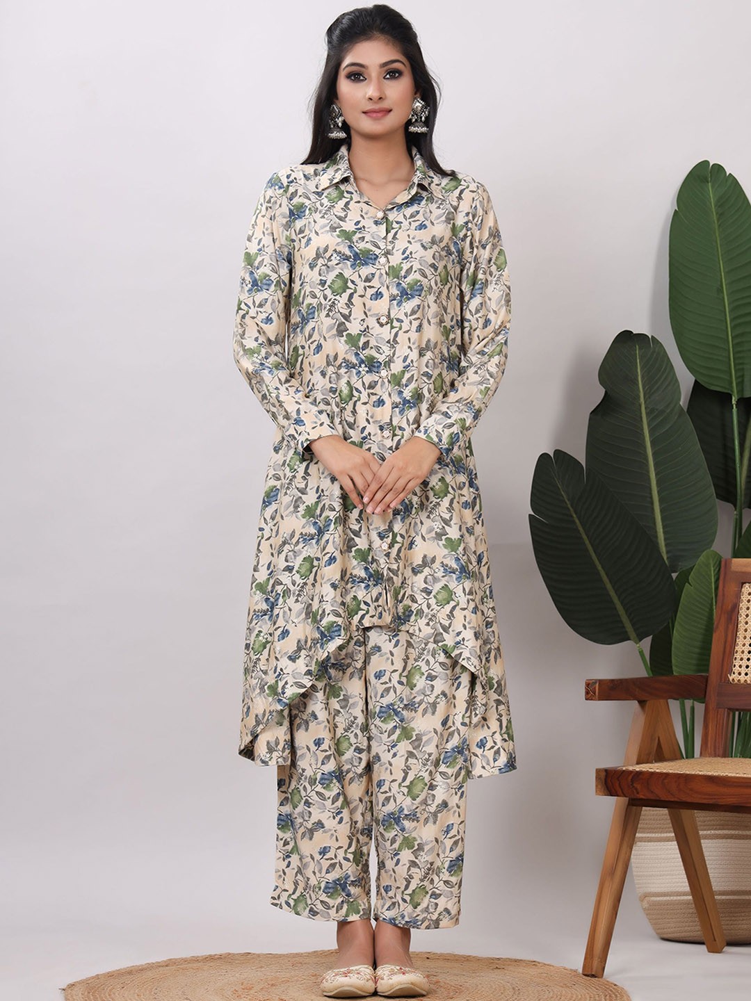

VASVI Printed Top With Trouser Co-Ords, Beige