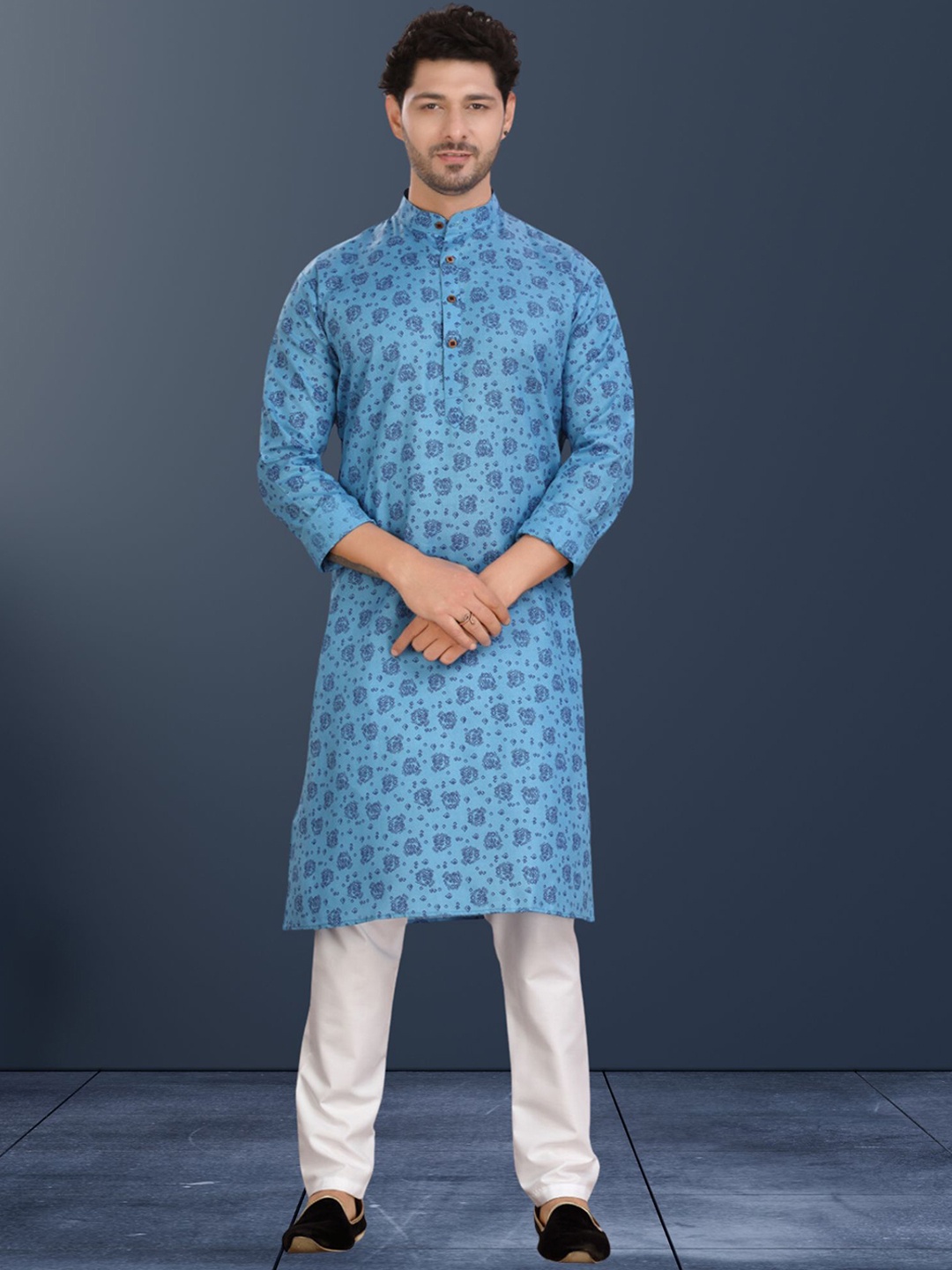 

ENCINO Printed Mandarin Collar Straight Kurta, Blue