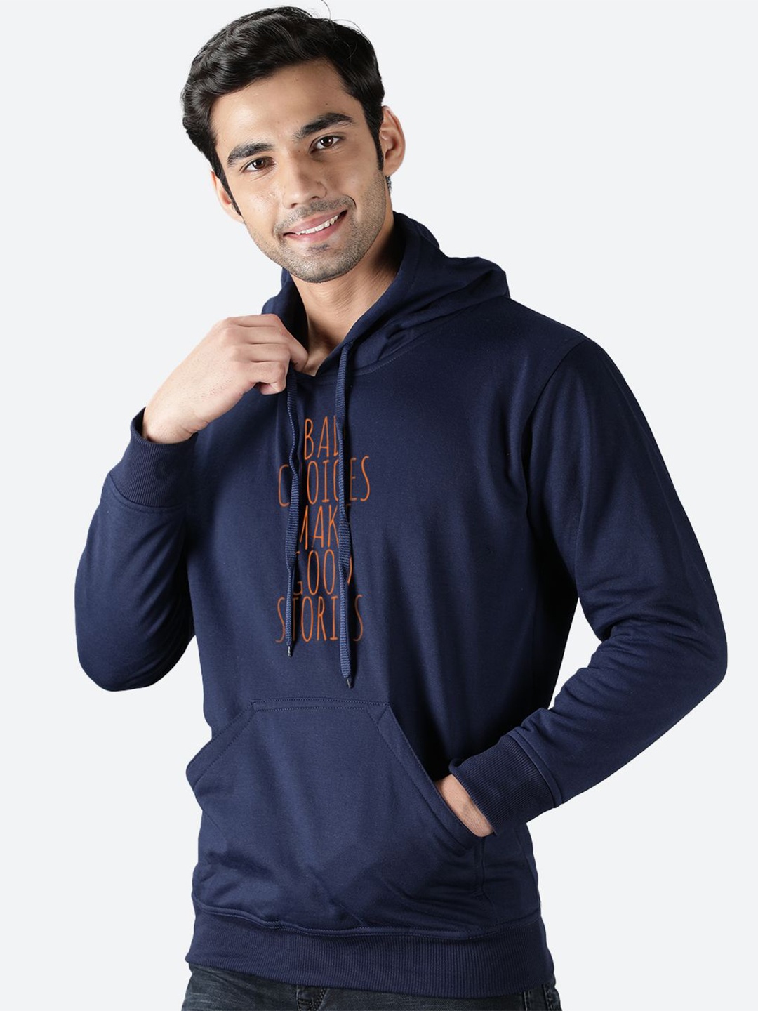 

Mad Over Print Men Typography Printed Hood Pullover Ribbed Sweatshirt, Blue