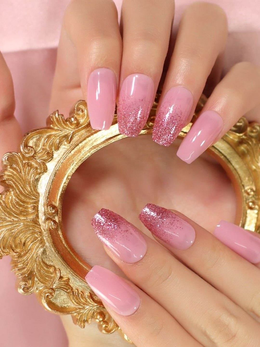 

Pep Nails 24 Pcs Artificial Press On Nails With Glitter Design -Camellia, Pink
