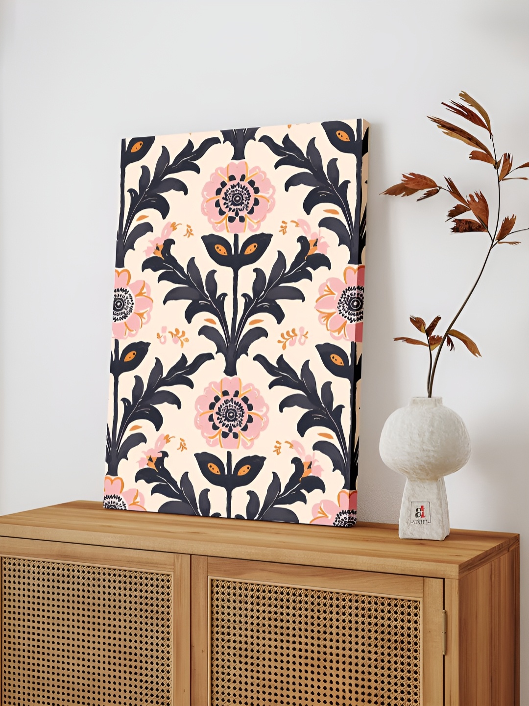 

Art Street Indian Folk Floral Pattern Wall Art, Stretched Canvas Botanical Painting, Pink