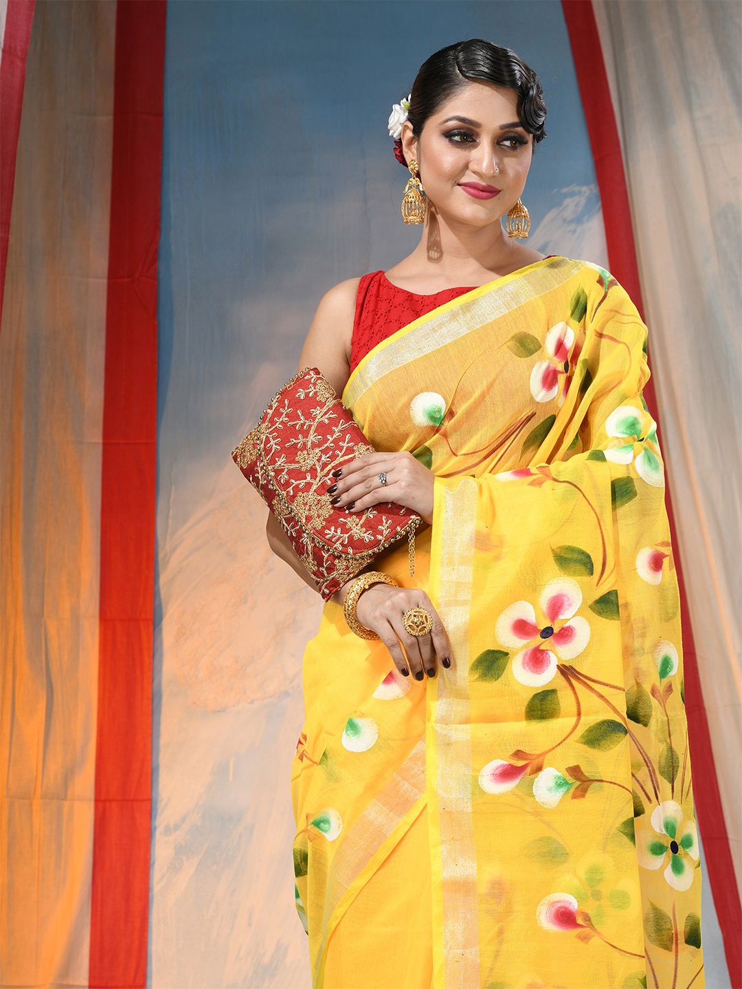 

DESH BIDESH Floral Zari Pure Cotton Saree, Yellow
