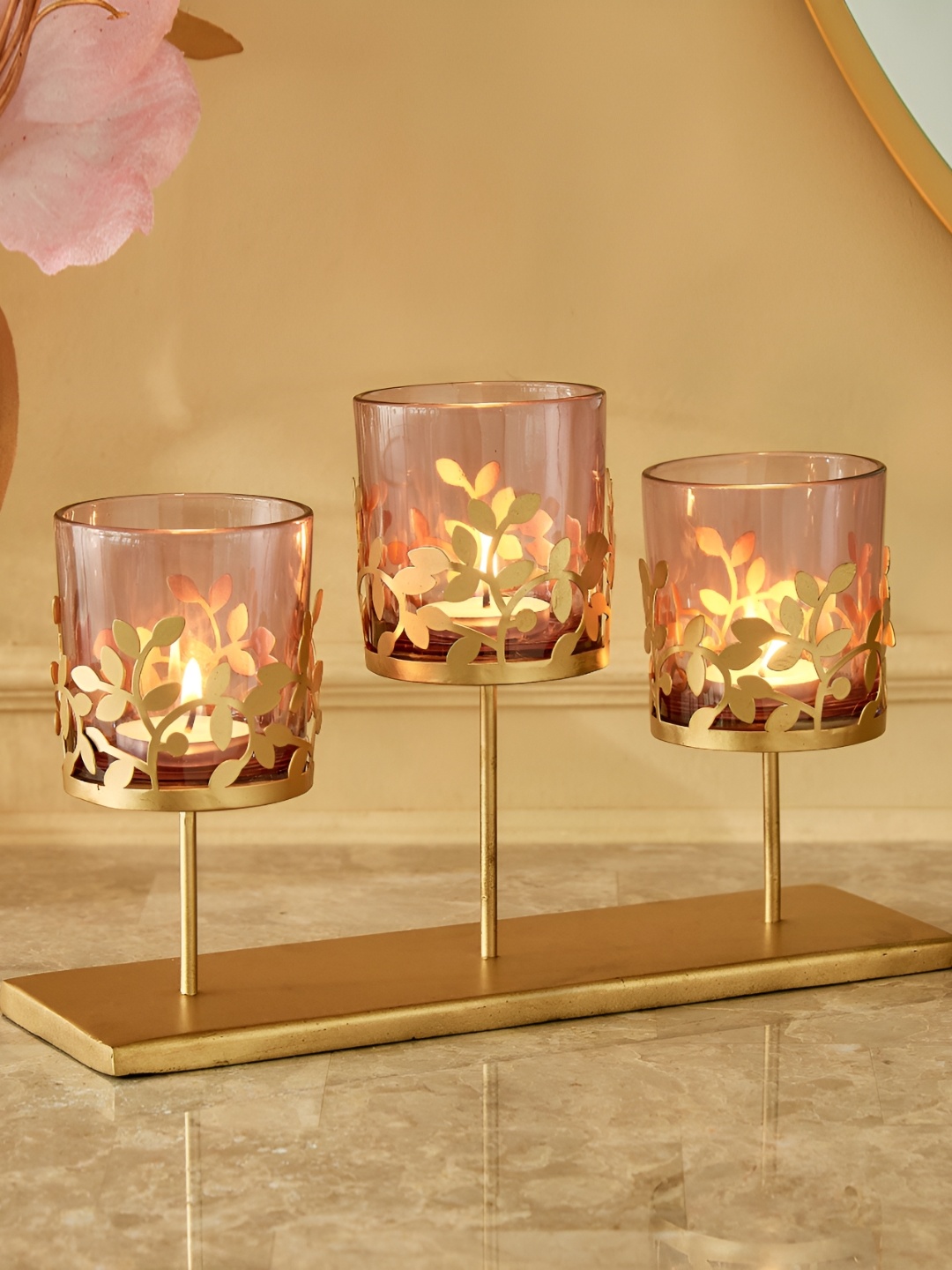 

Home Centre Wables Iris Gold-Toned & Pink Floral Metal and Glass Votive Holder