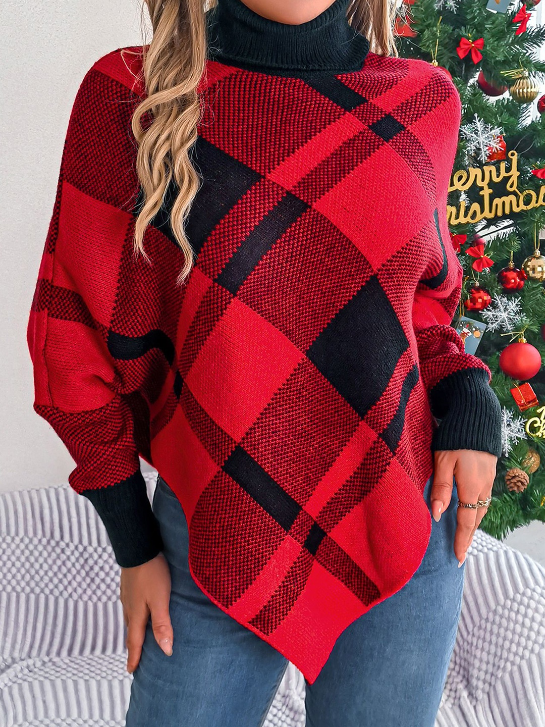 

StyleCast x Revolte Women Checked Turtle Neck Pullover High-Low Sweater, Red