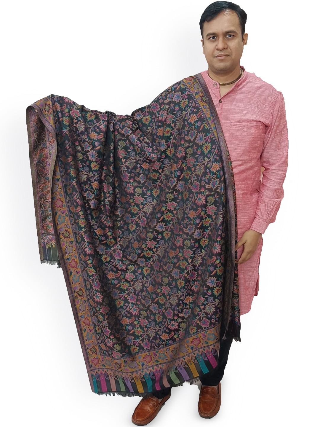 

Vrinde Floral Woven Design Pure Woollen Shawl, Black