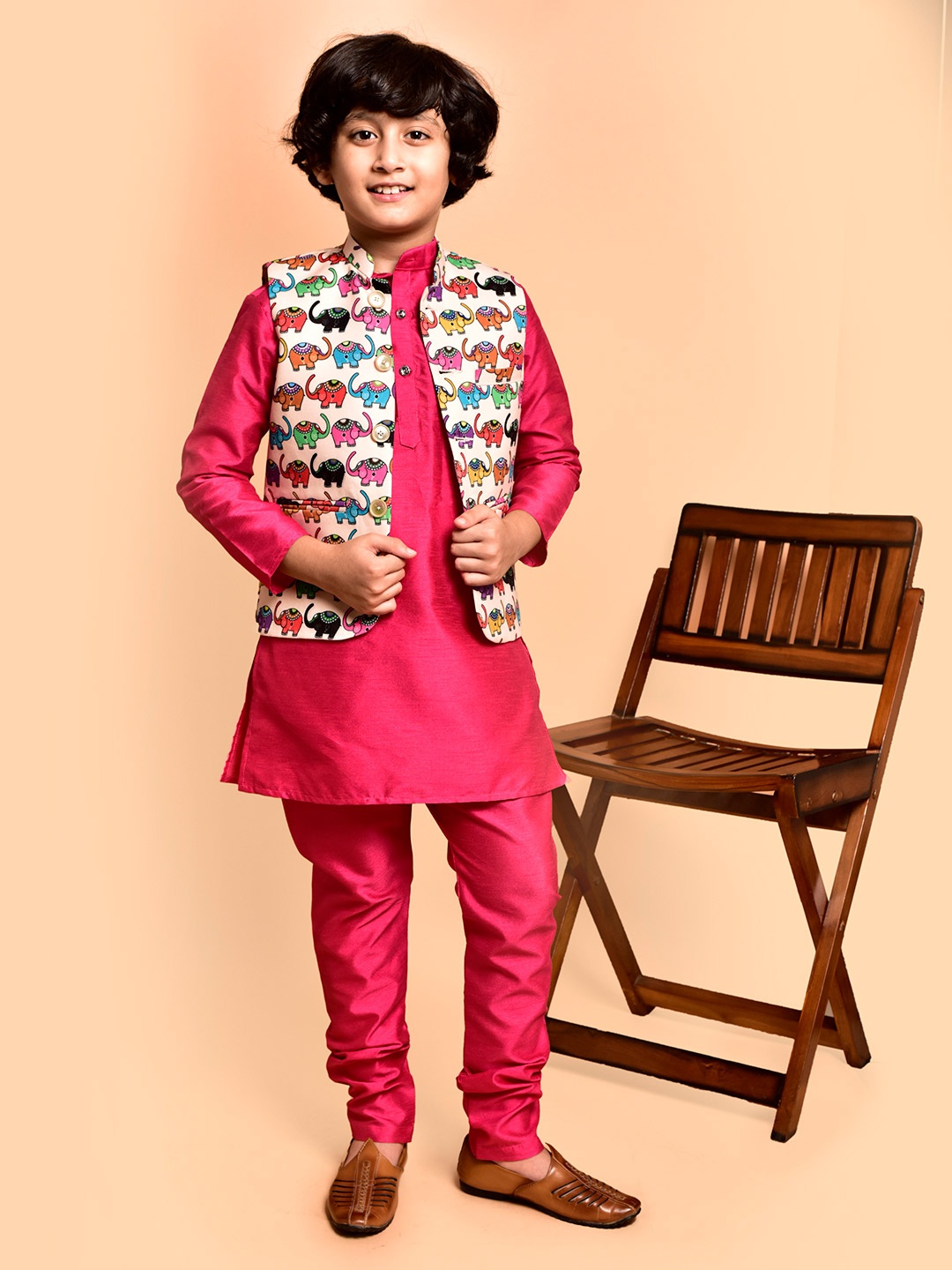 

PRINTCULTR Boys Mandarin Collar Straight Kurta with Churidar & Nehru jacket, Pink