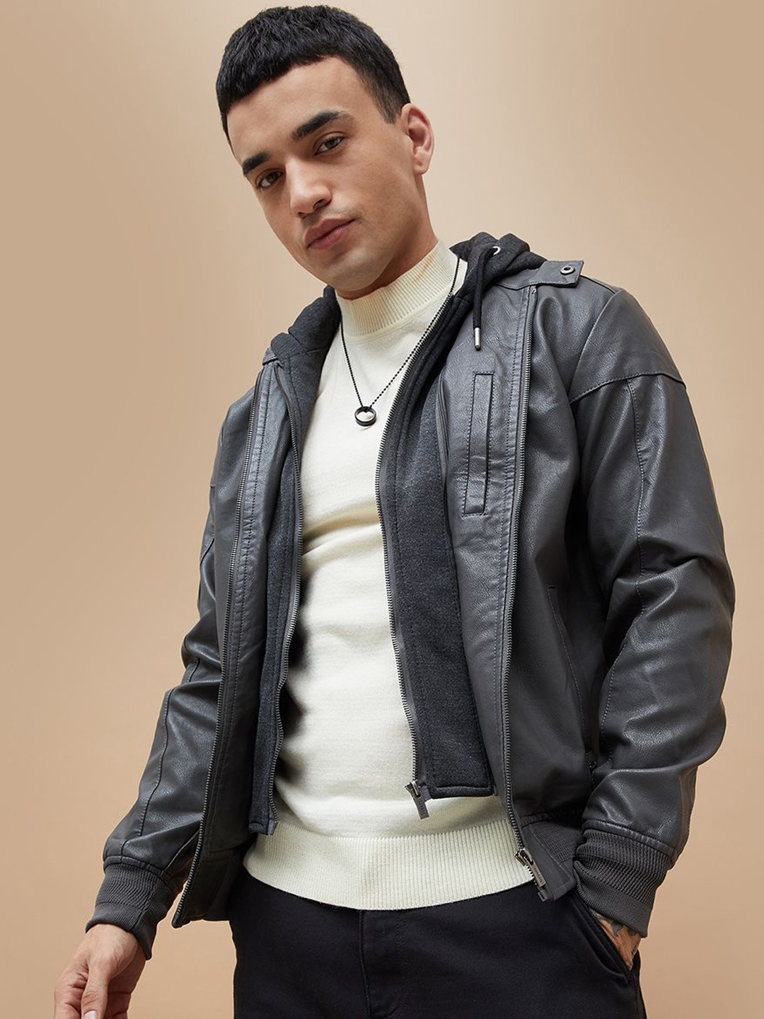 

Bossini Men Hooded Solid Casual Biker Jacket, Black