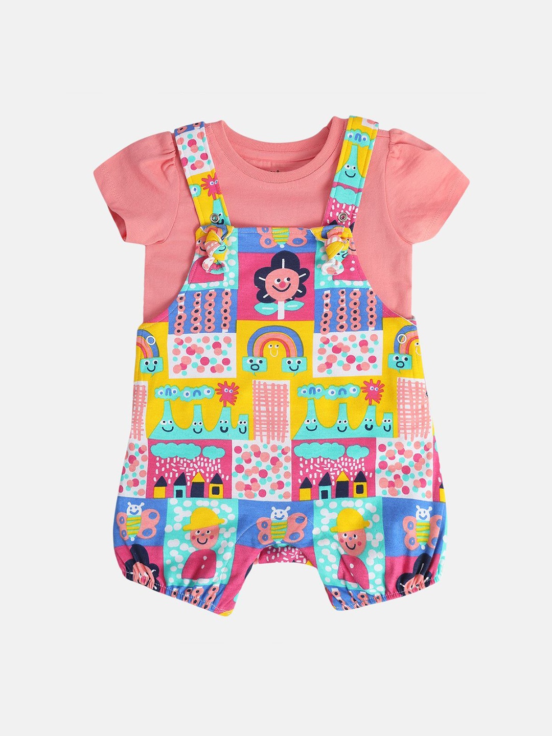 

MINI KLUB Girls Printed Shoulder Straps Neck Sleeveless Cotton Dungarees With T-shirt, Peach