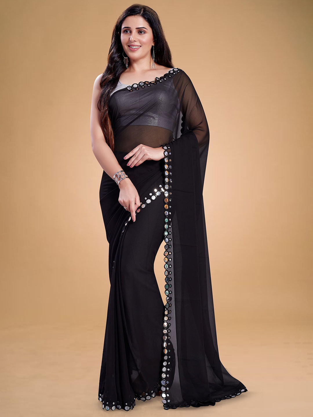 

Rani Saahiba Poly Georgette Mirror Embroidered Work Saree With Blouse, Black