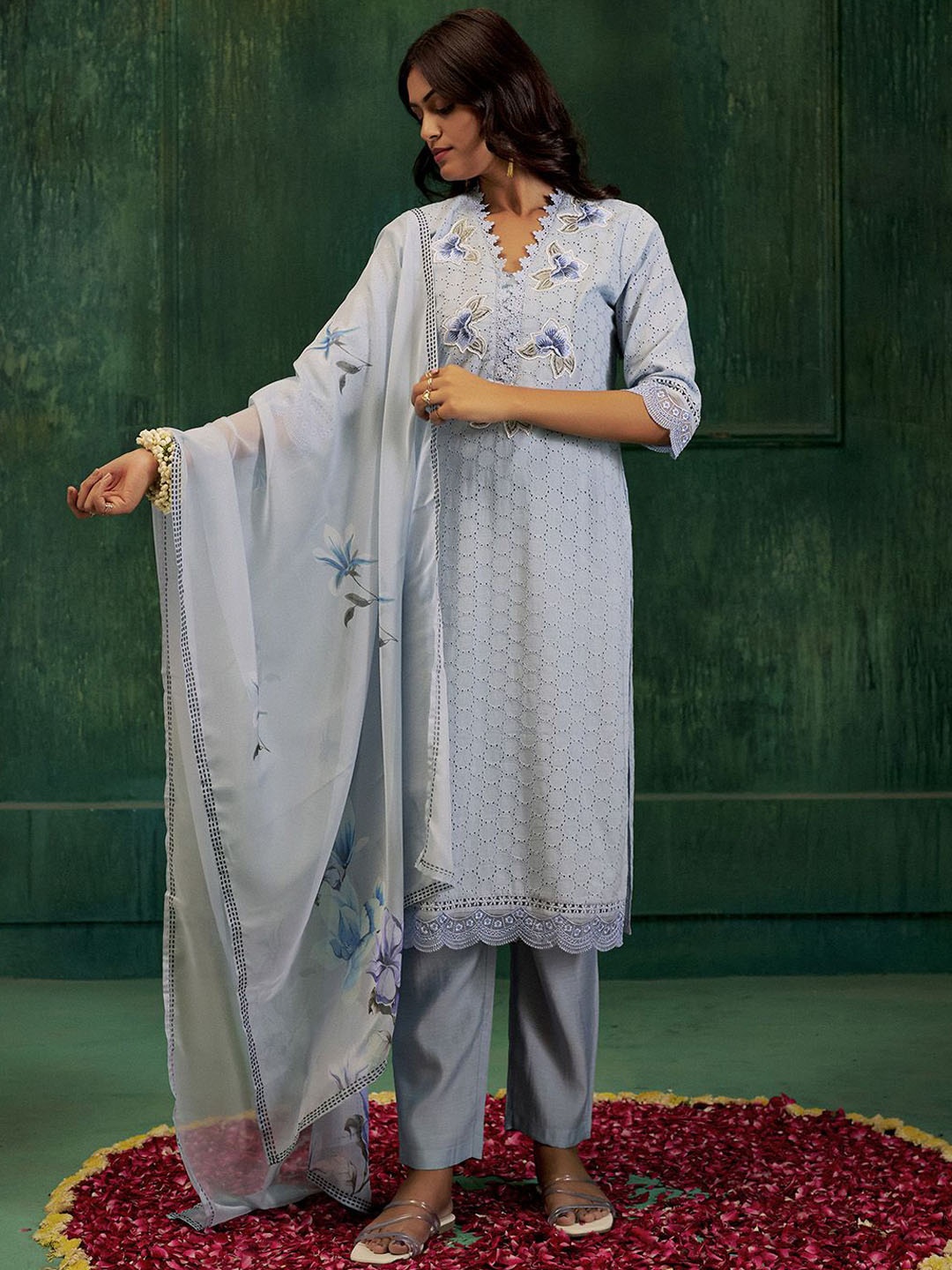 

Jaipur Kurti Embroidered Cotton Schiffli Kurta Set With Dupatta, Blue