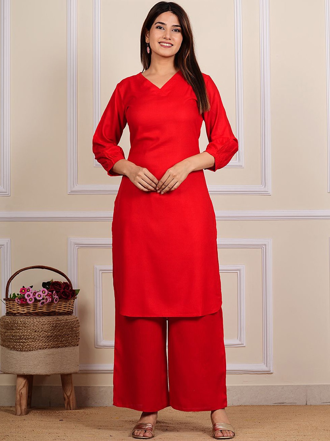 

HEBA V-Neck Puffed Sleeves Regular Straight Kurta with Trousers, Red