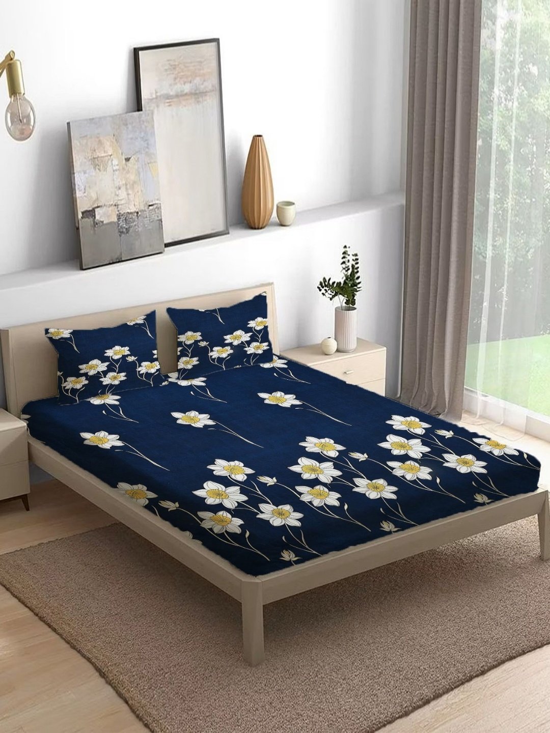 

THE little BIG STORE Blue Floral Cotton 140 TC Fitted Double Bedsheet Set-2.13 m x 2.13 m