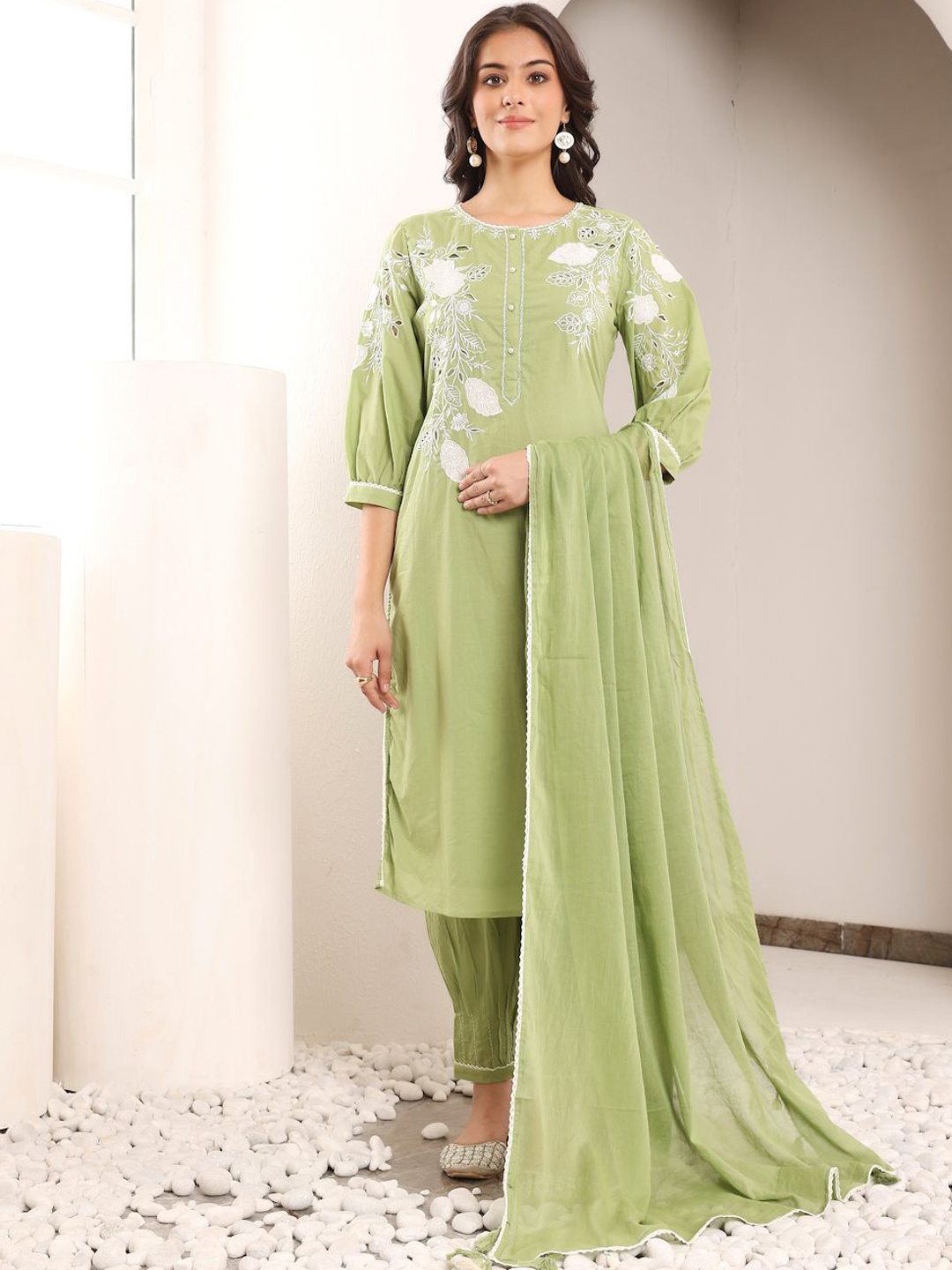 

SAVI Floral Embroidered Pure Cotton Straight Kurta With Trouser & Dupatta, Green