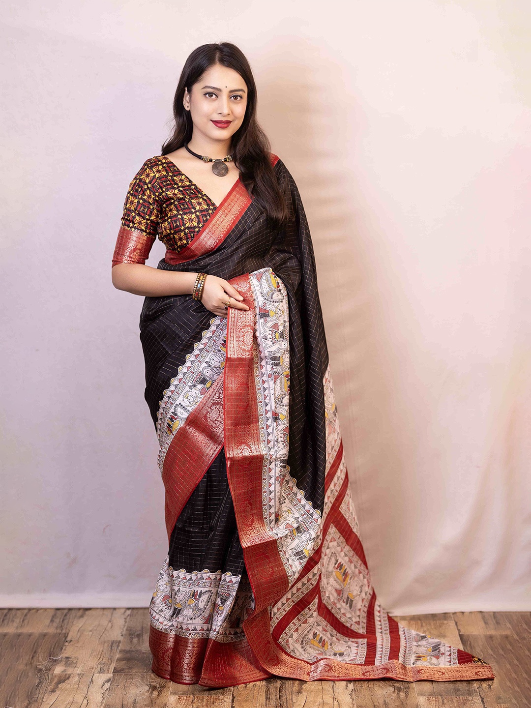 

STAVA CREATION Checked Zari Mysore Silk Saree, Black
