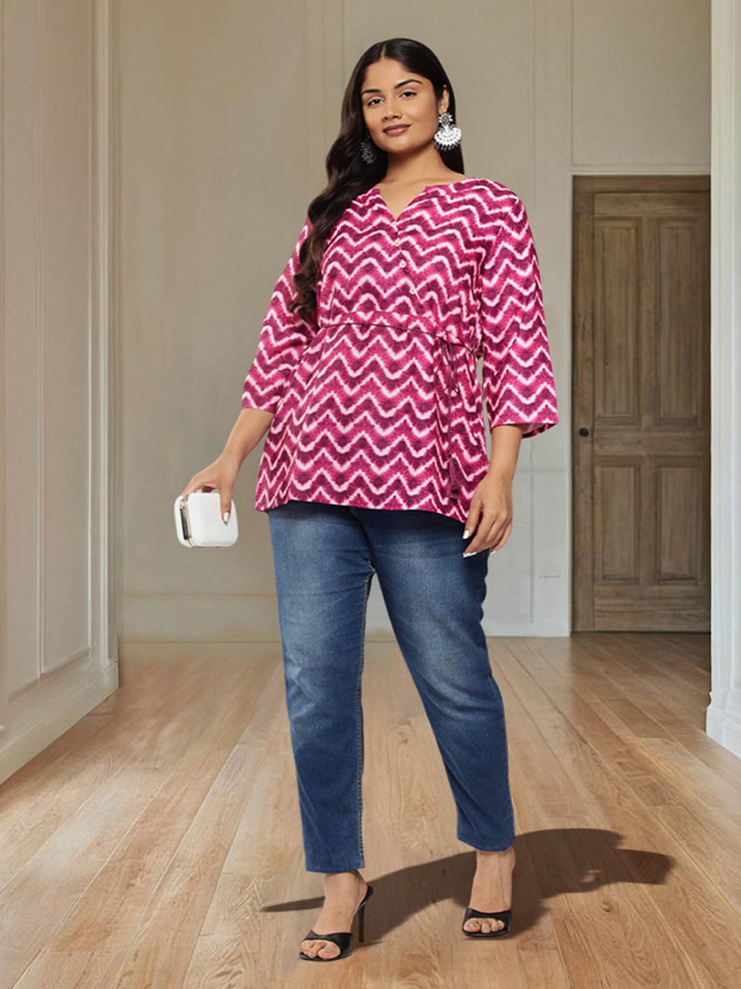 

Sztori Plus Size Chevron Printed V-Neck Kurti, Pink