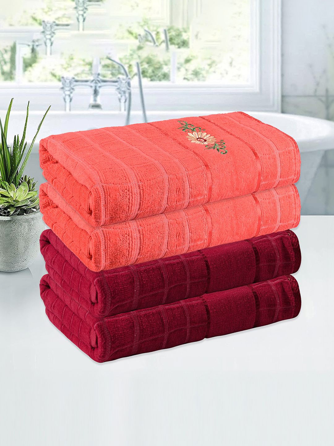 

Kuber Industries Red & Orange 4 Pieces Striped 260 GSM Bath Towels