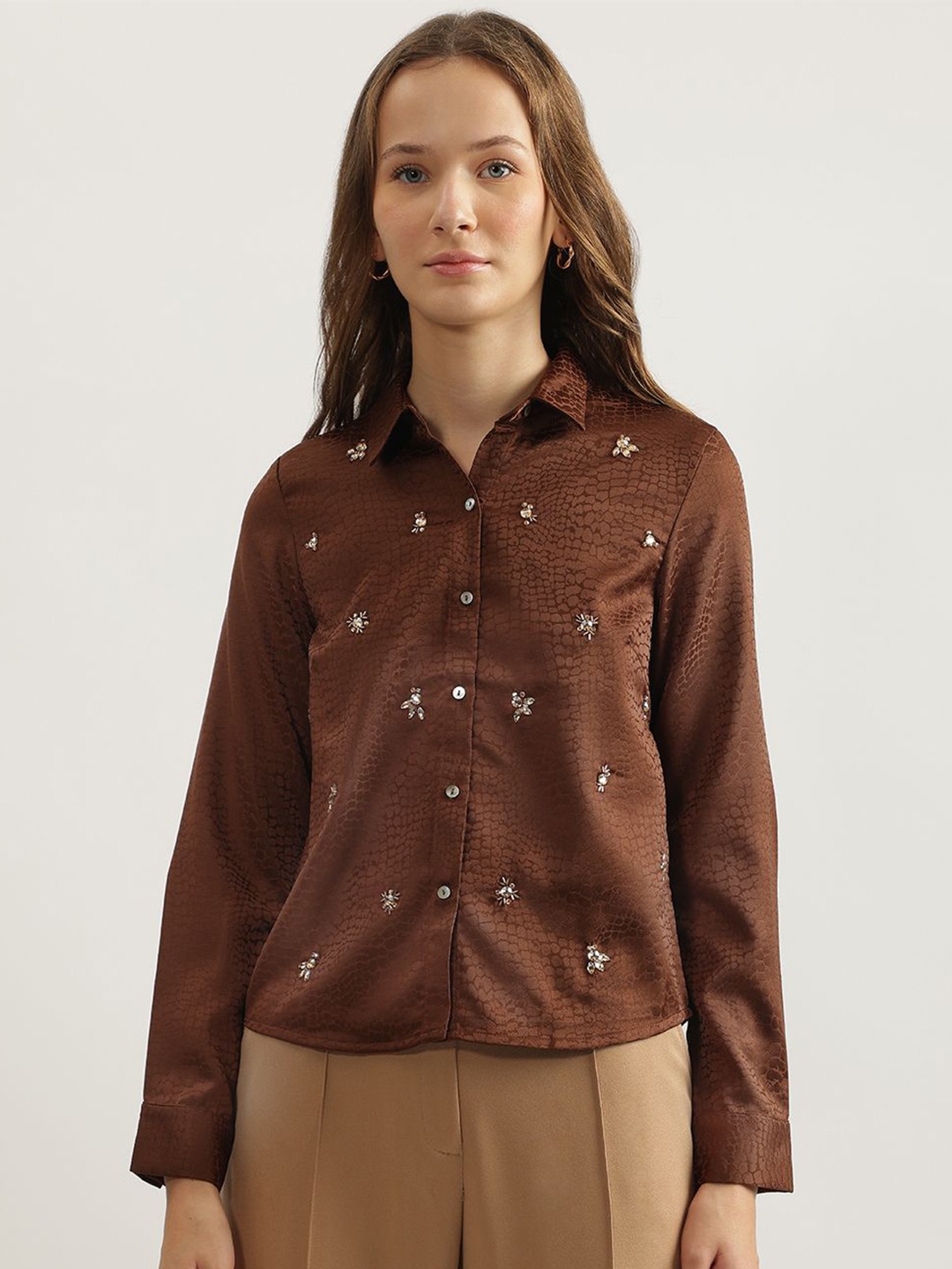

CENTRESTAGE Women Embellished Shirt Collar Top, Brown