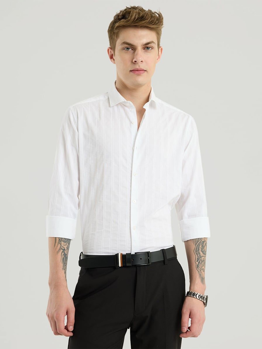 

Snitch Men Smart Slim Fit Vertical Stripes Casual Shirt, White