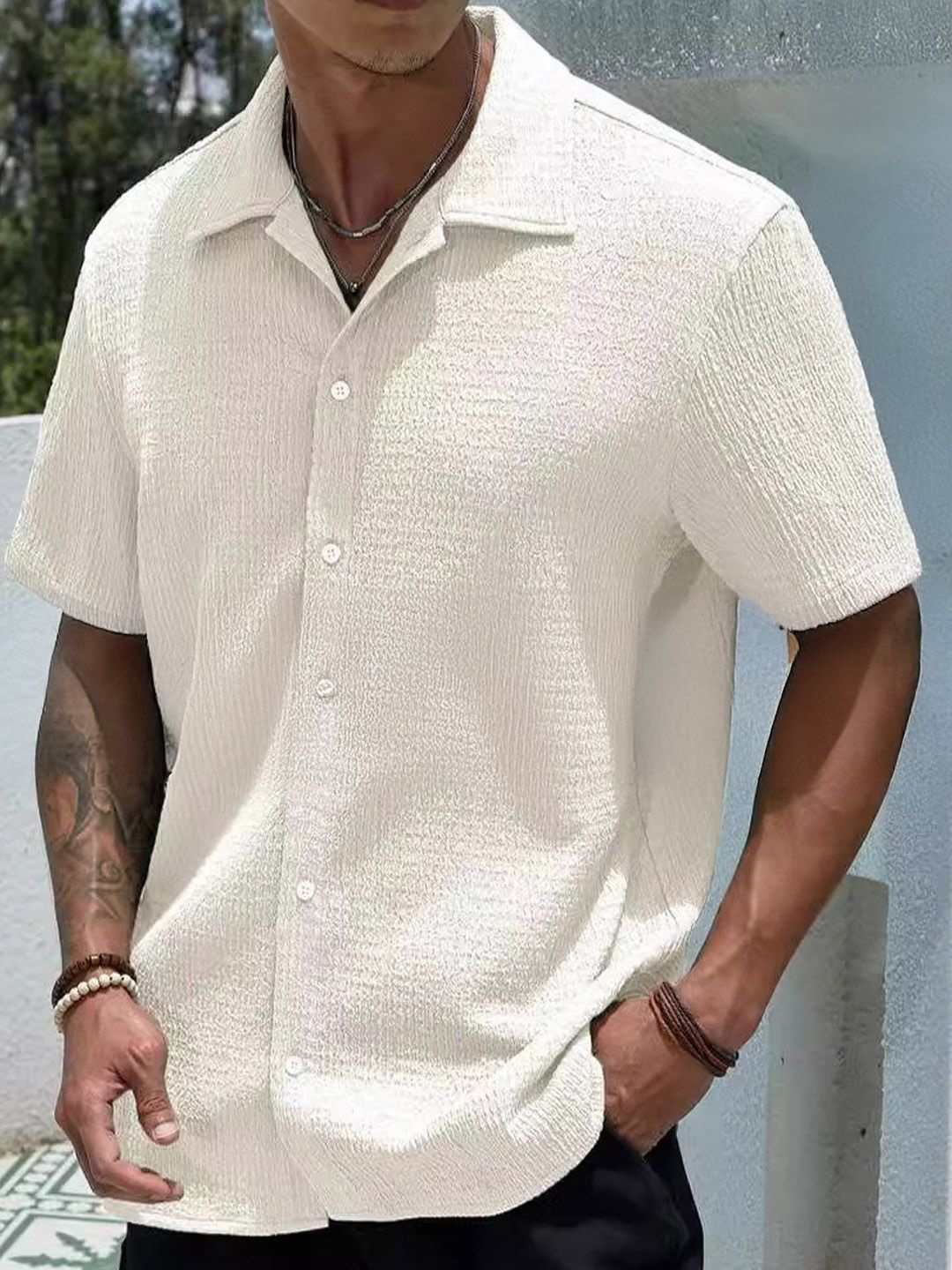

StyleCast Men Spread Collar Textured Cotton Casual Shirt, White