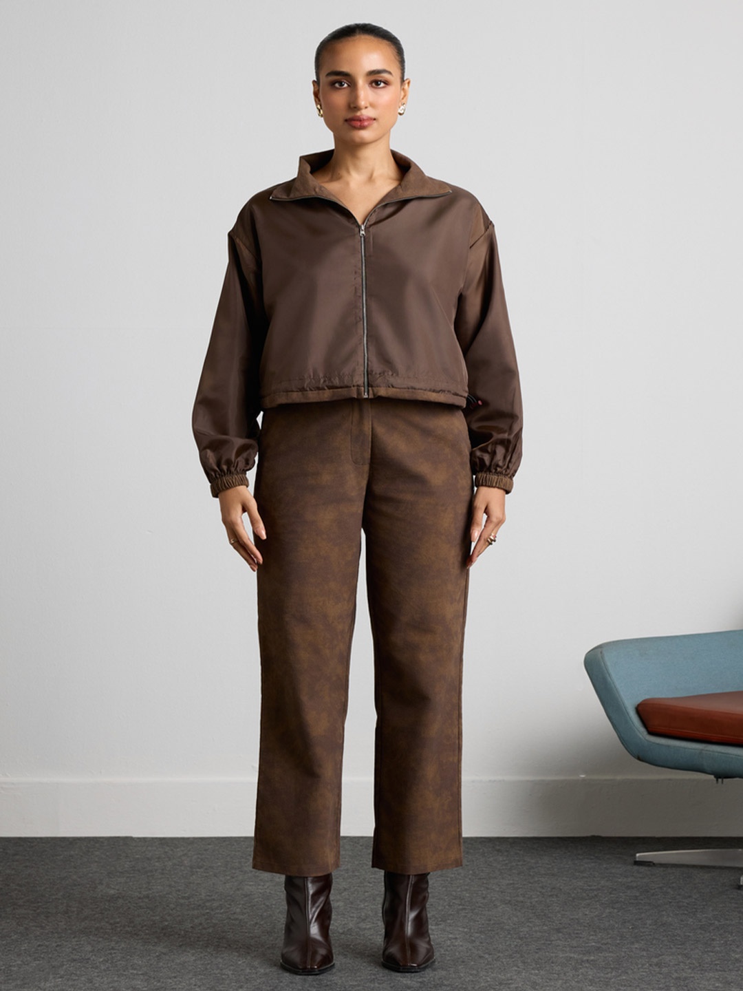 

Muvazo Women Mock Collar Solid Cotton Casual Sporty Jacket, Brown