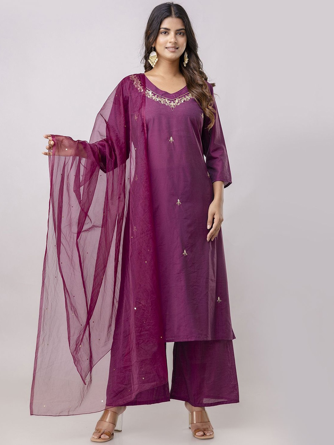 

Aawari Floral Embroidered Regular Pure Silk Straight Kurta with Trousers & Dupatta, Purple
