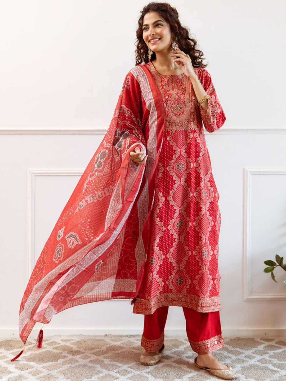 

Anouk Bandhani Printed Regular Zari Straight Kurta with Trousers & Dupatta, Red