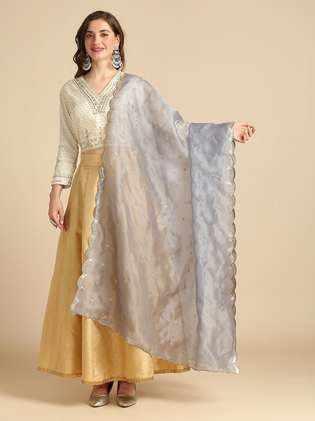 

Dupatta Bazaar Floral Embroidered Sequinned Dupatta, Grey