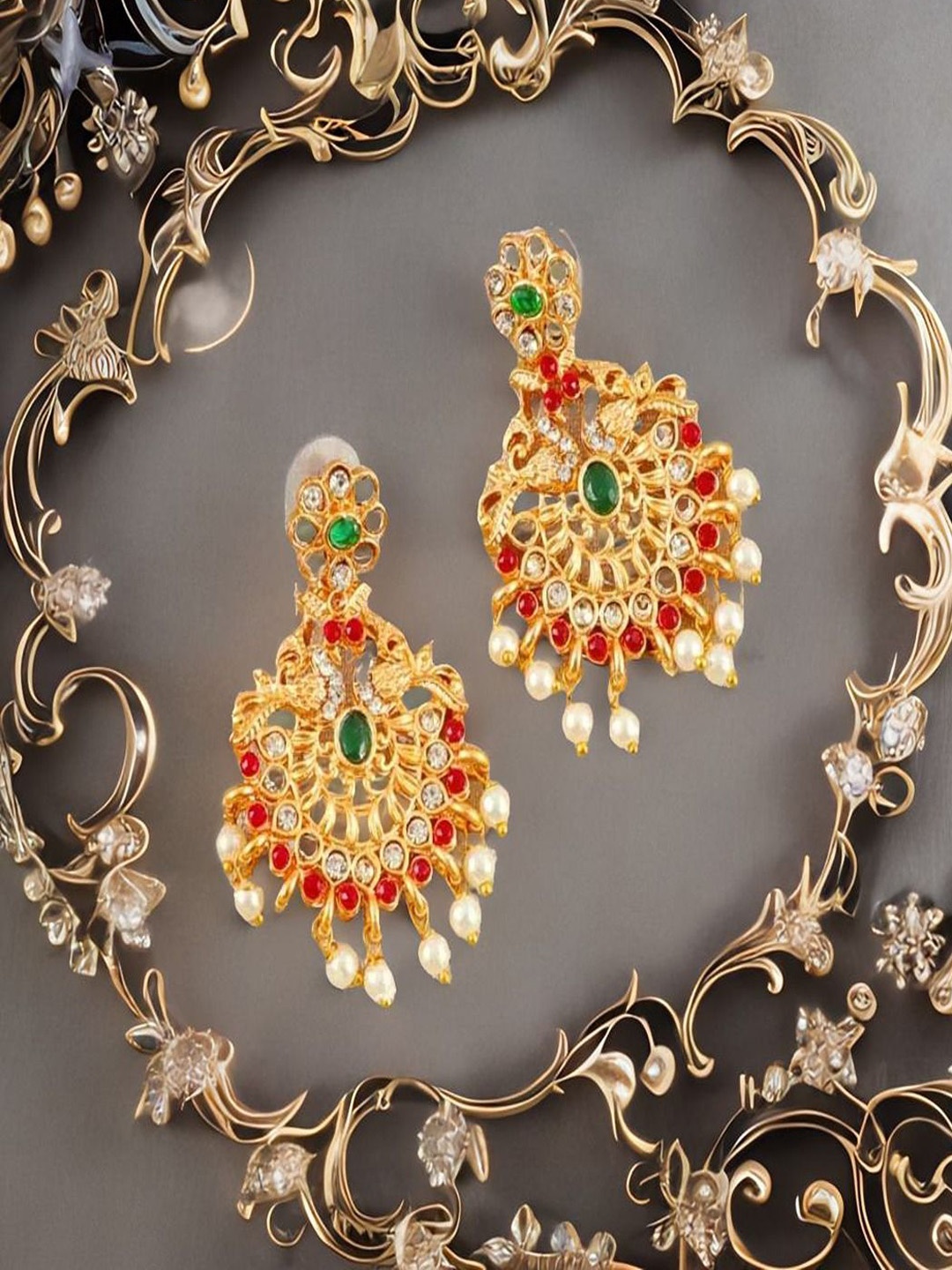 

UNIVERSITY TRENDZ Gold-Plated Stone Studded & Beaded Peacock Shaped Drop Earrings