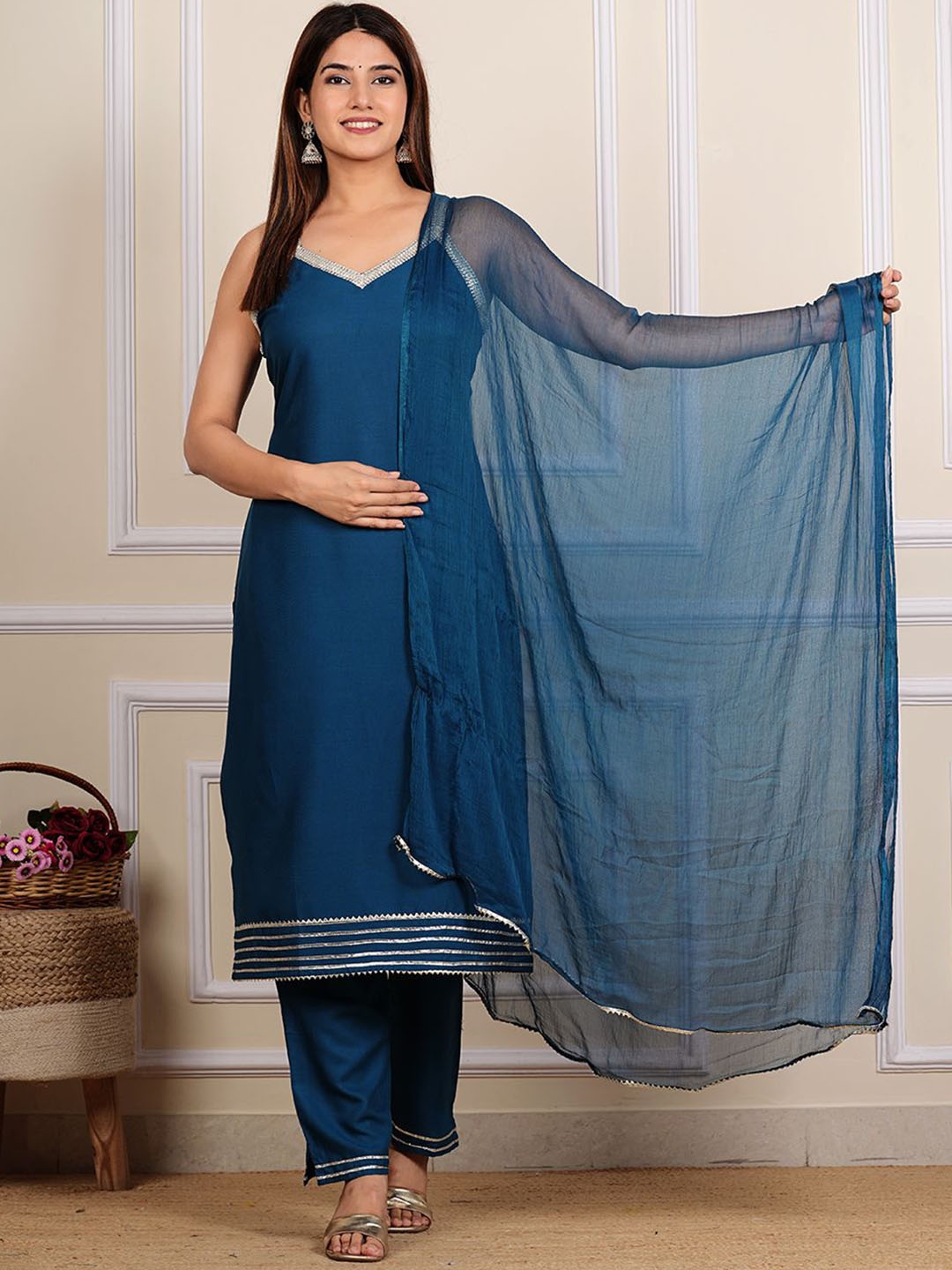 

HEBA Shoulder Straps A-Line Kurta With Trouser & Dupatta, Blue